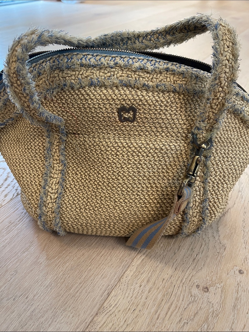 ERIC JAVITS Woven Straw Tote Bag in Natural with Blue Trim